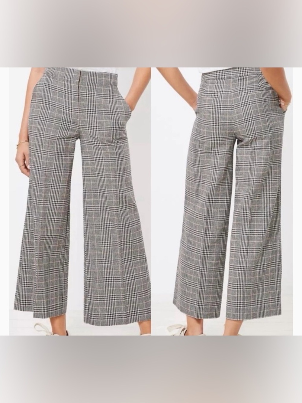 LOFT Gray Glen Plaid Wide-Leg Crop Trousers